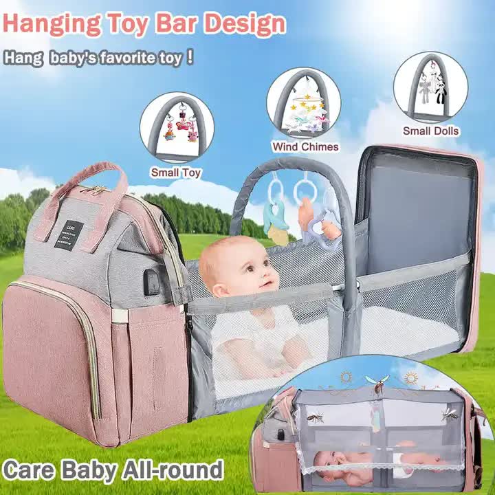 Pink Portable Mommy Bag with Baby Crib  Multi-Function Baby Diaper Backpack, Lightweight and Large Capacity for Moms