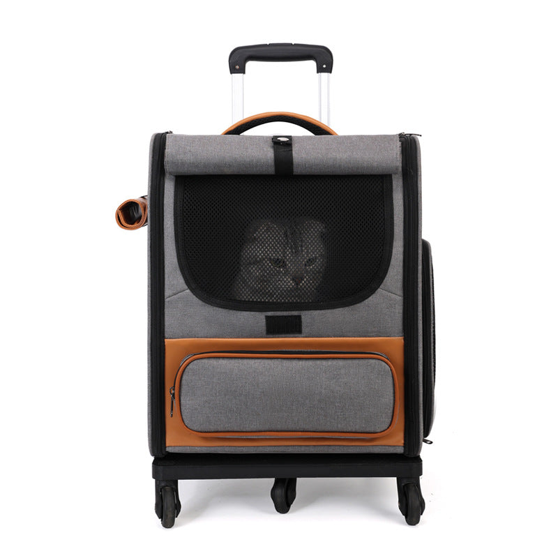 Grey Large Capacity Breathable Foldable Pet Trolley  Travel Cat Carrier with Wheels, Portable, Spacious, and Convenient for Two Cats