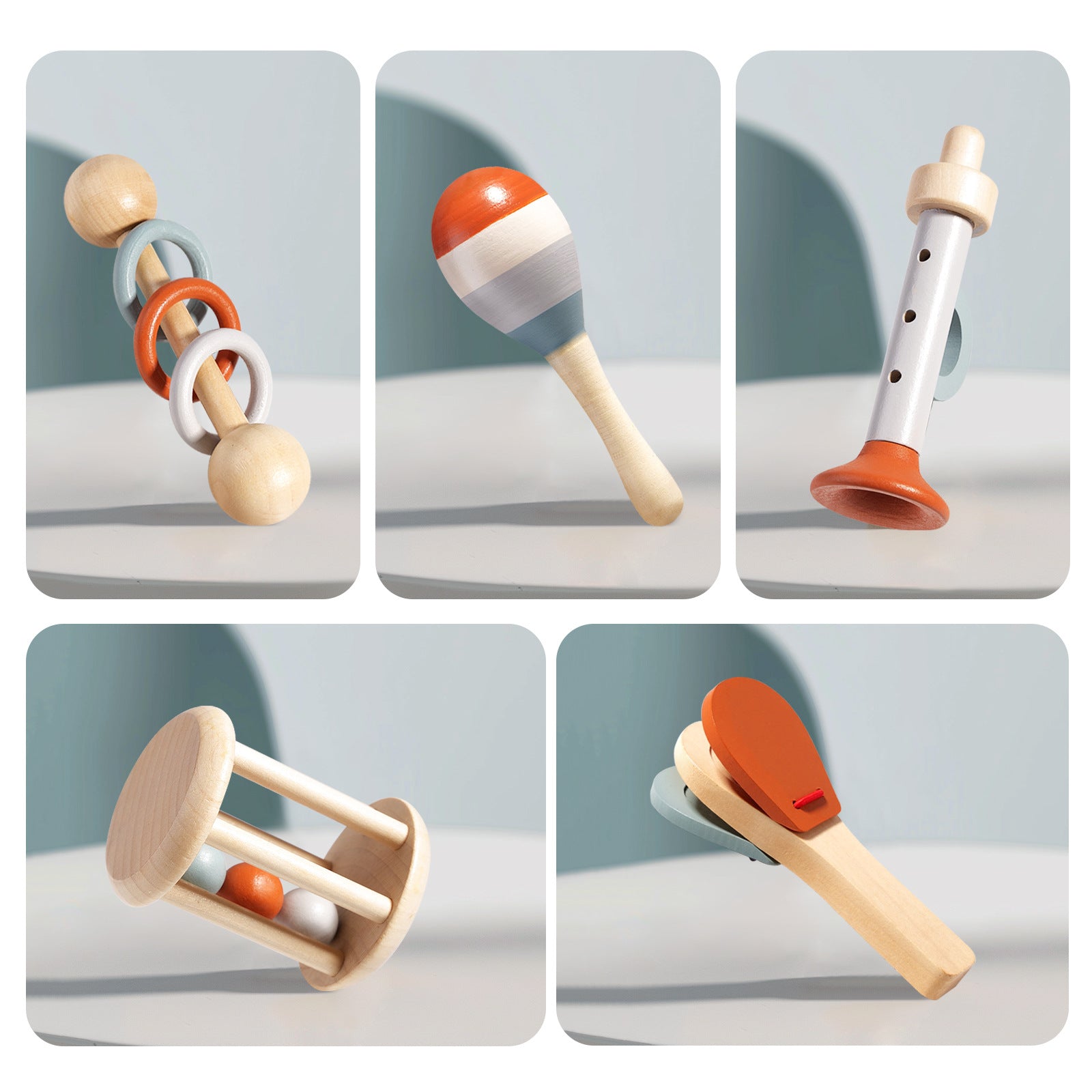 Wooden Orff Instrument Set for Kids  Includes Rattle, Maraca, Bell, Trumpet, and Bed Bell  Early Learning Musical Toy for Toddlers