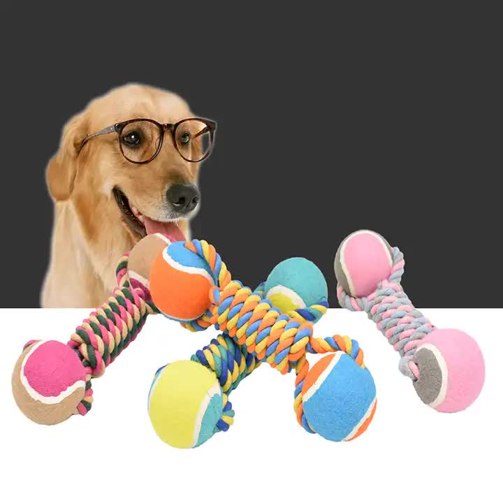 2 PCS Pink Durable Cotton Rope and Tennis Ball Dog Tug Toy Set for All Size Dogs