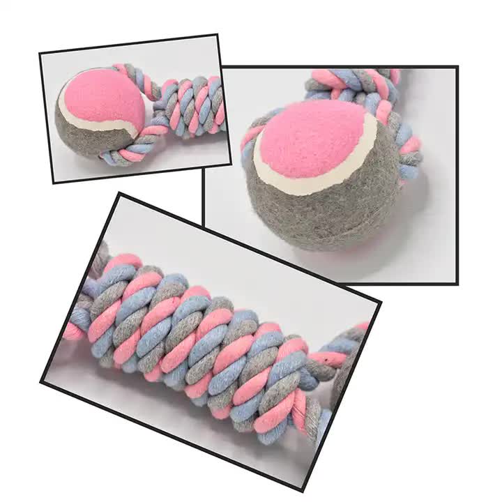 2 PCS Pink Durable Cotton Rope and Tennis Ball Dog Tug Toy Set for All Size Dogs