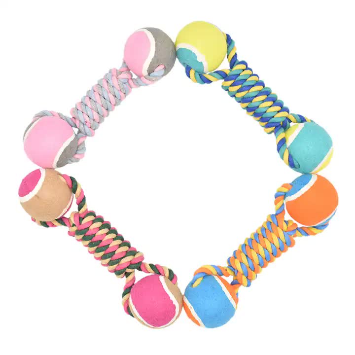 2 PCS Pink Durable Cotton Rope and Tennis Ball Dog Tug Toy Set for All Size Dogs