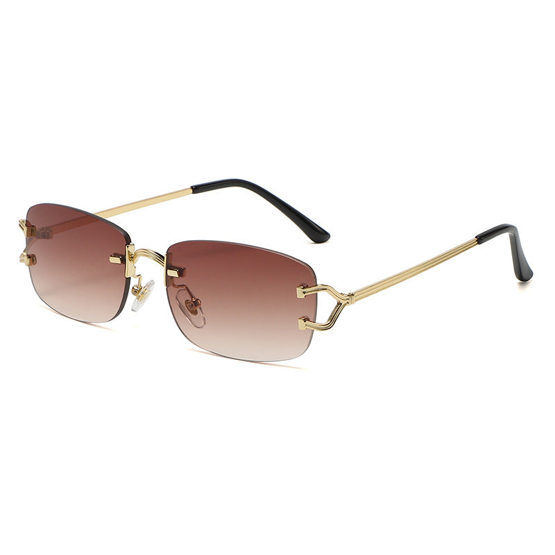 Light Brown Stylish Frameless Diamond-Cut Sunglasses with Metallic Temples - Trendy Line-Design Fashion Eyewear