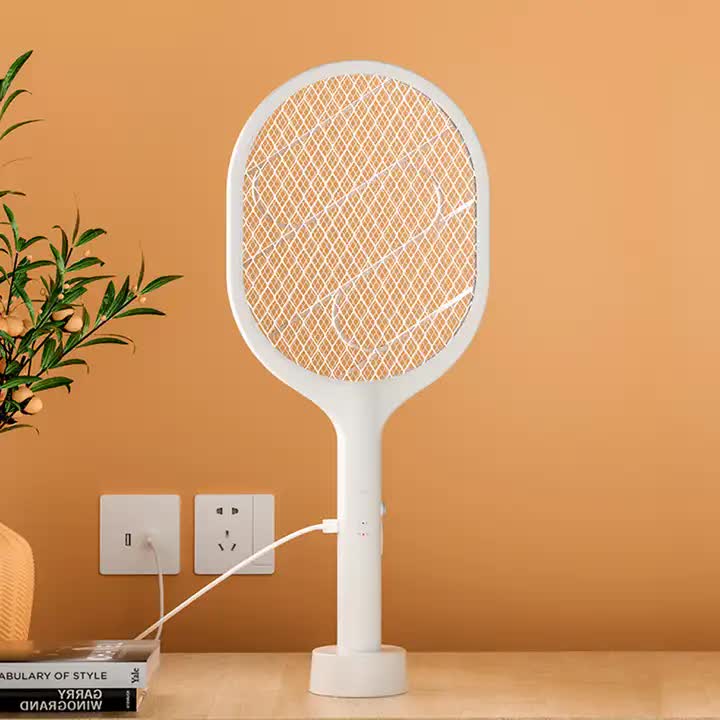 White Rechargeable Electric Mosquito Racket - 2-in-1 Mosquito Killer with Lithium Battery, Fly Swatter & Mosquito Zapper for Home Use