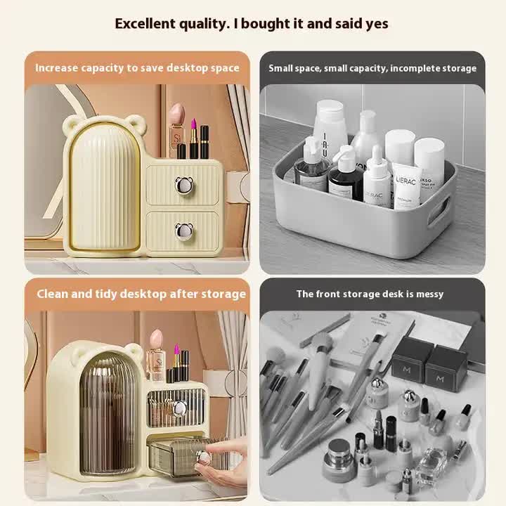 Milky white Rotating Desktop Cosmetic Organizer  High-End Dustproof Wall-Mounted Storage Box with Drawer for Vanity, Makeup and Toiletries