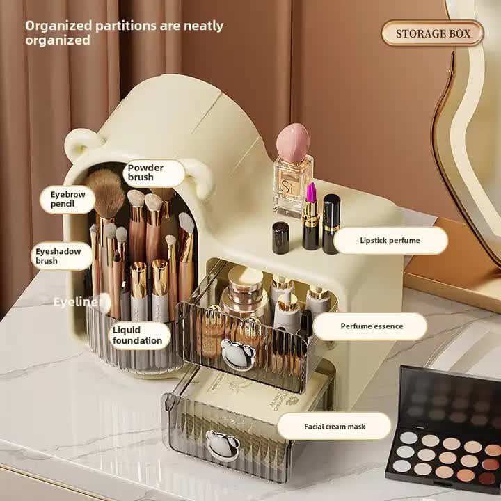 Brown Rotating Desktop Cosmetic Organizer  High-End Dustproof Wall-Mounted Storage Box with Drawer for Vanity, Makeup and Toiletries