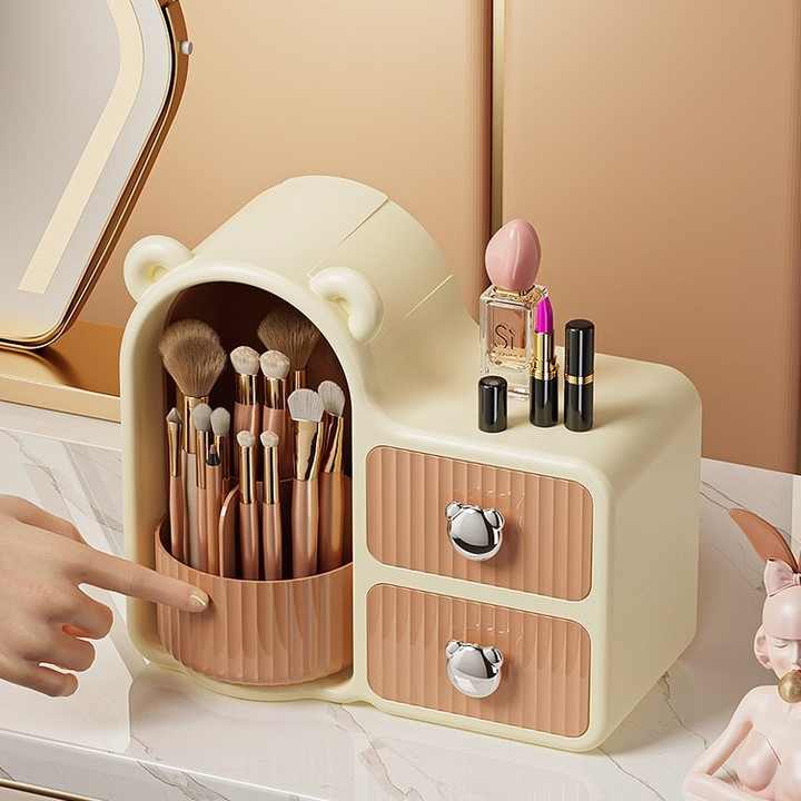 Brown Rotating Desktop Cosmetic Organizer  High-End Dustproof Wall-Mounted Storage Box with Drawer for Vanity, Makeup and Toiletries