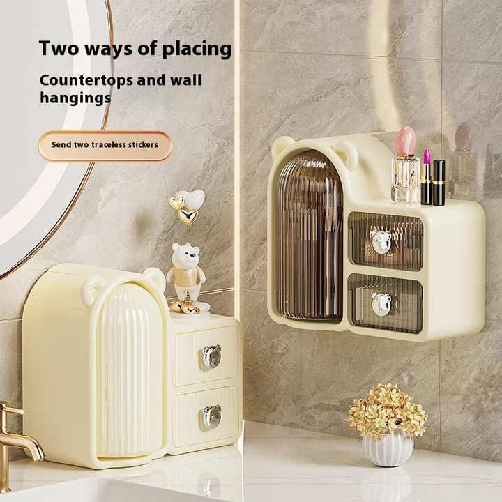 Black Rotating Desktop Cosmetic Organizer  High-End Dustproof Wall-Mounted Storage Box with Drawer for Vanity, Makeup and Toiletries
