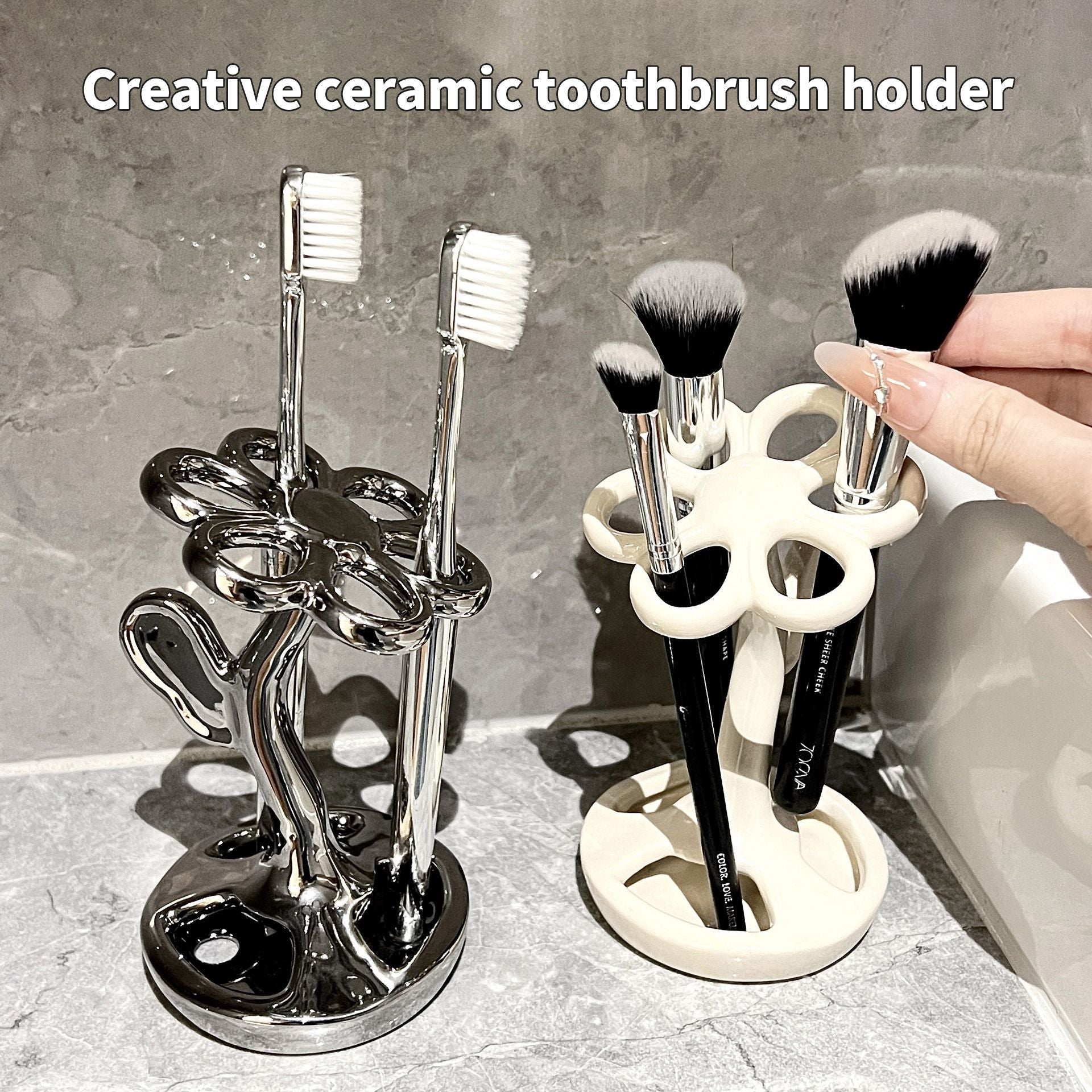 White Creative Ceramic Toothbrush Holder  Makeup Brush & Eyebrow Pencil Organizer for Bathroom, Stylish and Practical Toothbrush Stand