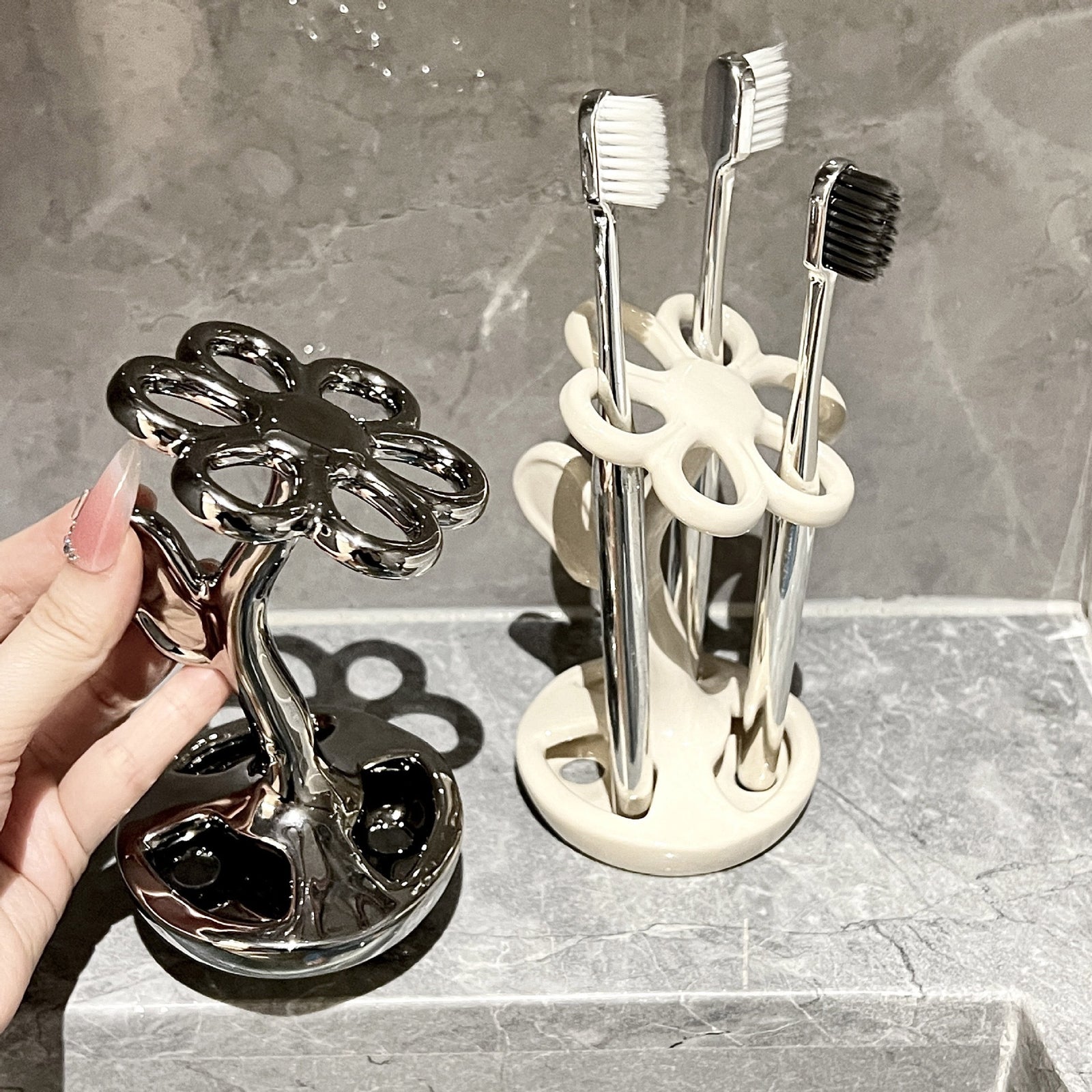 White Creative Ceramic Toothbrush Holder â€“ Makeup Brush & Eyebrow Pencil Organizer for Bathroom, Stylish and Practical Toothbrush Stand