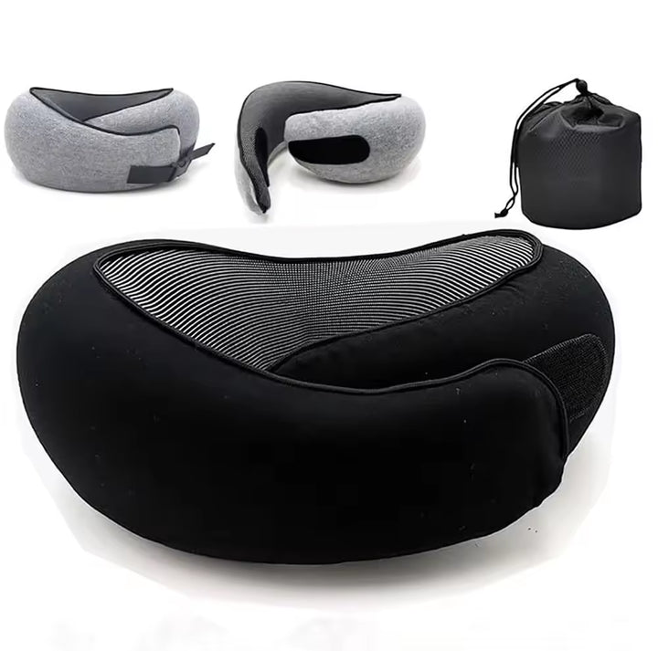 Black Velcro Tape Memory Foam U-Shaped Neck Pillow â€“ Snail Travel Cushion for Airplane, Office Nap, and Travel â€“ Adjustable with Magnetic Therapy Cloth