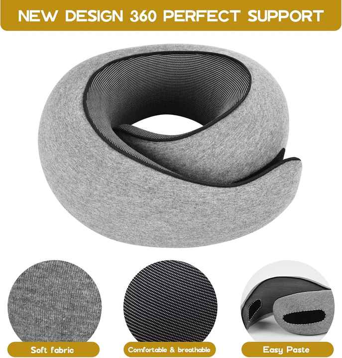 Light Gray Velcro Tape Memory Foam U-Shaped Neck Pillow - Snail Travel Cushion for Airplane, Office Nap, and Travel - Adjustable with Magnetic Therapy Cloth