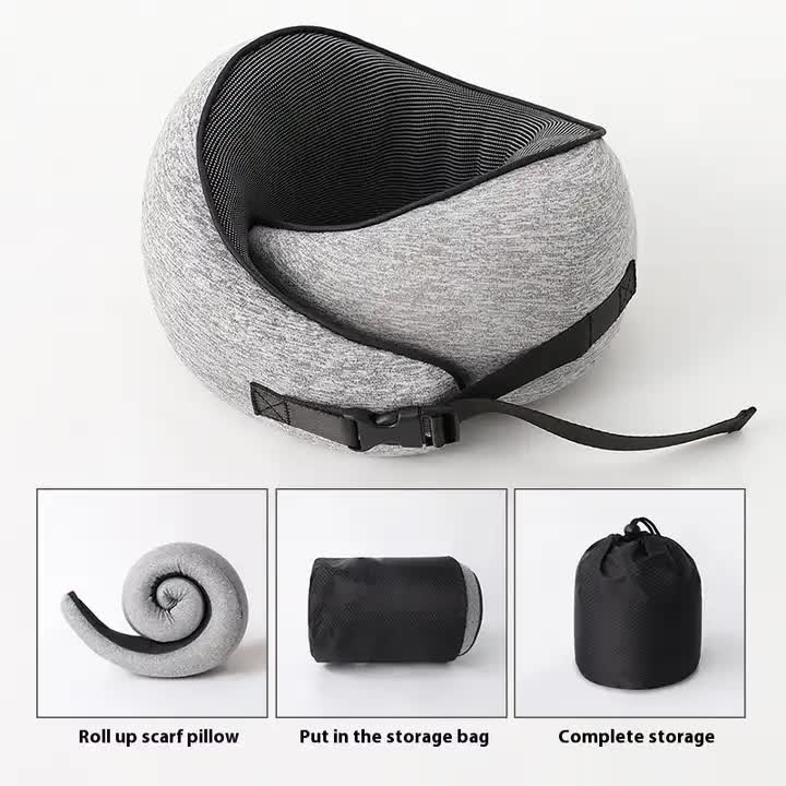 Light Gray Buckle Tape Memory Foam U-Shaped Neck Pillow - Snail Travel Cushion for Airplane, Office Nap, and Travel - Adjustable with Magnetic Therapy Cloth