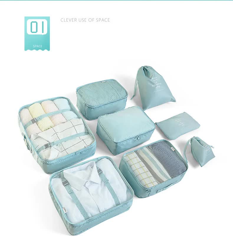 Light Blue 8-Piece Travel Organizer Set  Packing Bags for Clothes, Shoes, Underwear, and Toiletries with Drawstring and Zip Pouches