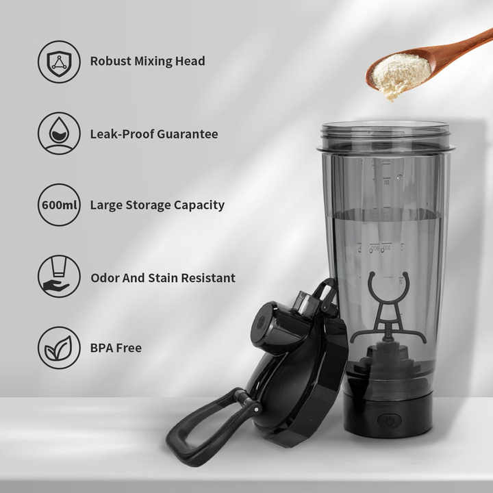 Black Portable Electric Shaker Bottle with LED Light, 550ml Sports Protein Mixer Cup for Gym and Travel