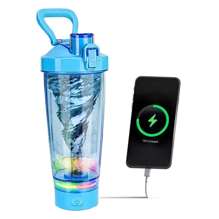 Blue Portable Electric Shaker Bottle with LED Light, 550ml Sports Protein Mixer Cup for Gym and Travel