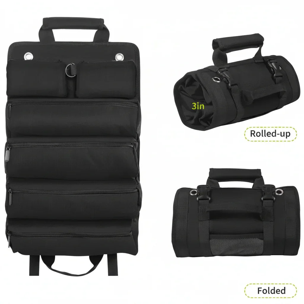Roll‑Up Tool Bag – 6‑Pocket Car Tool Organizer with Zipper Pouches, Black