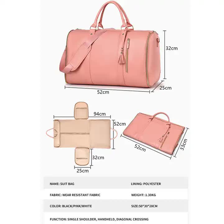 Black And Brown  PU Leather Foldable Garment Bag, Women's Travel Duffel with Suit Carrier, Multi-Function Storage