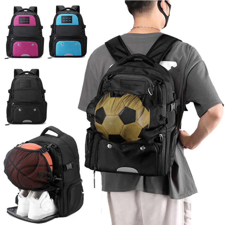 Pink And Black Large Capacity Sports Backpack, Waterproof Basketball & Soccer Bag, Separate Shoe Compartment, Student Backpack