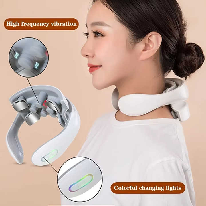 White Portable Electric Neck Massager â€“ Intelligent Pulse Therapy with Heat and 4 Massage Heads