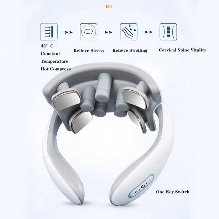 White Portable Electric Neck Massager â€“ Intelligent Pulse Therapy with Heat and 4 Massage Heads