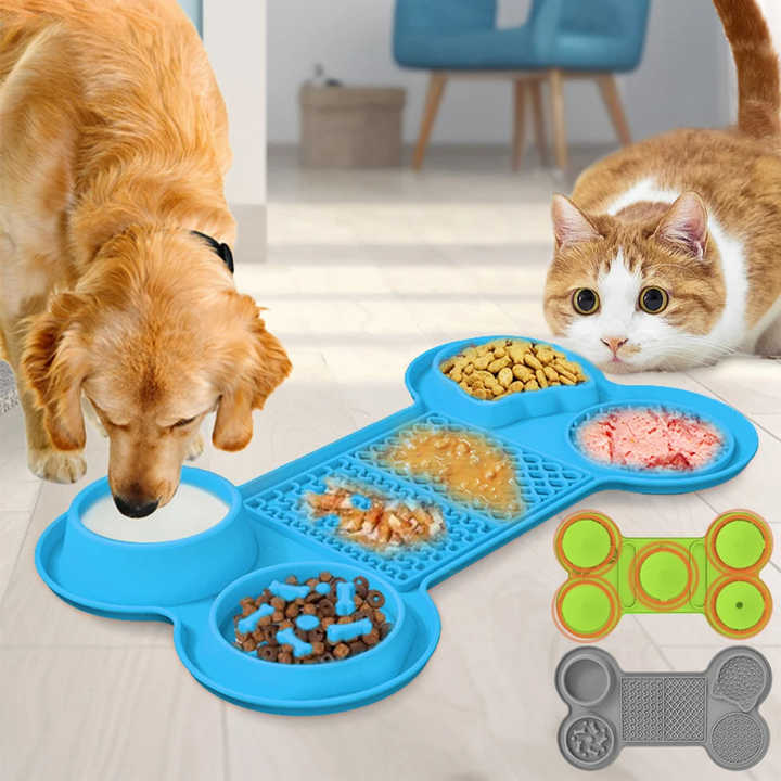 Blue Silicone Pet Licking Mat Slow Feeder Pad with Strong Suction and Foldable Design, Heat Resistant -40Â°C to 240Â°C, for Dogs and Cats