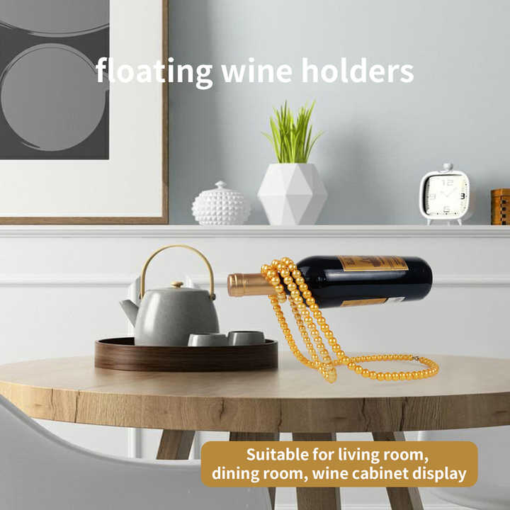 Gold Modern Floating Pearl Wine Bottle Holder  Elegant Home Decor, Unique Kitchen Accessory for Dining, Bar, and Living Room