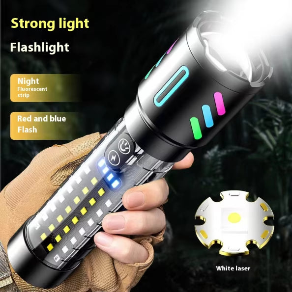 LED Rechargeable Laser Flashlight  Multifunctional Type-C Strong Light Torch with Adjustable Zoom