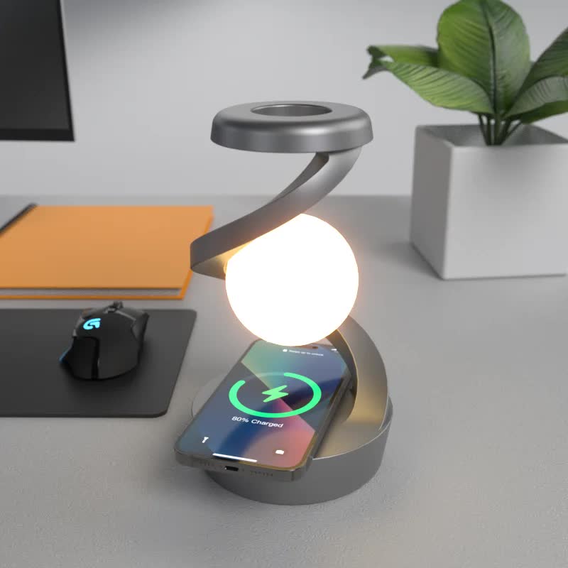 Black 360Â° Rotating Floating Night Light  Wireless Charging Table Lamp | 7-Color RGB Atmosphere Light | USB Rechargeable for Bedroom, Bedside, Desk, Camping, and Party DÃ©cor
