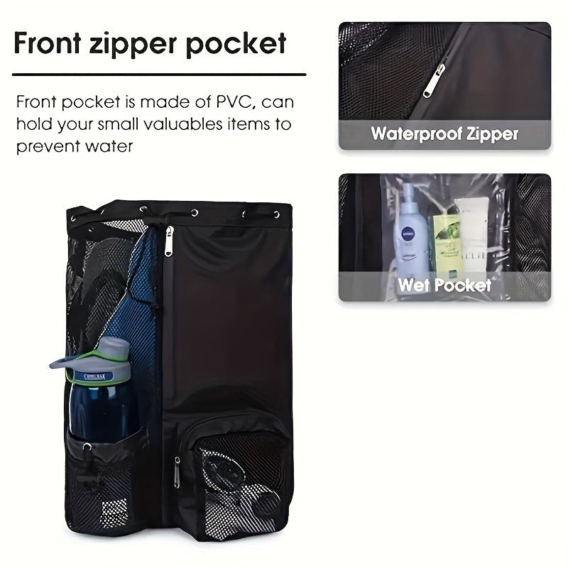 Black Mesh Drawstring Swim Backpack with Wet Pocket  Lightweight Beach, Gym, Outdoor Sports Bag  245g