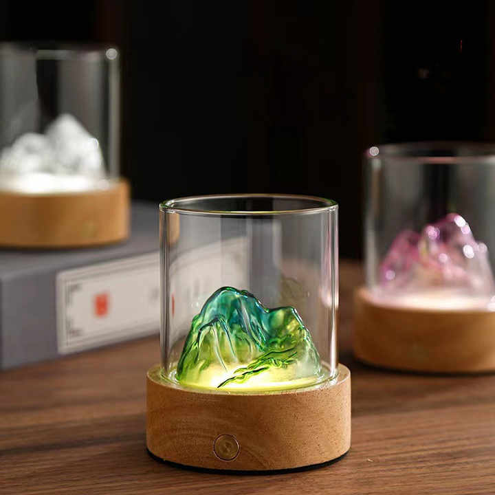 Colorful Glass Mountain Ambient Night Light - USB Rechargeable Touch Control Bedside Lamp - Adjustable 3-Color Light