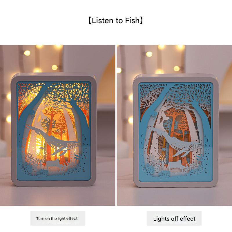 Listening To Fish Style 3D Paper Carving Night Light - USB Or Battery Powered Decorative Bedside Lamp | Atmosphere Lamp for Bedroom | Creative Starry Night and Little Prince Design Gift