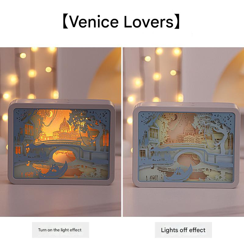 Venice Lovers 3D Paper Carving Night Light - USB Or Battery Powered Decorative Bedside Lamp | Atmosphere Lamp for Bedroom | Creative Starry Night and Little Prince Design Gift