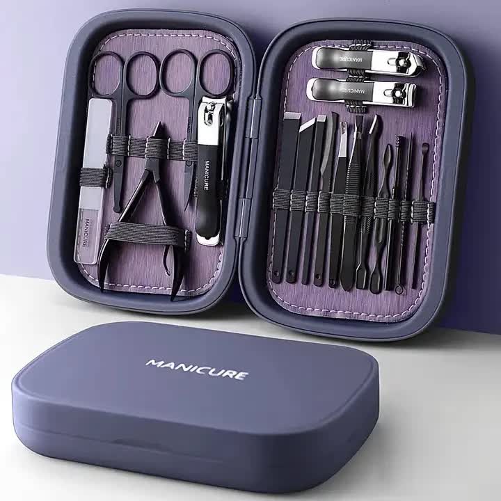 Purple 18-Piece Manicure and Pedicure Set - Stainless Steel Nail Clipper Kit | Professional Nail Care Grooming Tools | Compact Portable Case