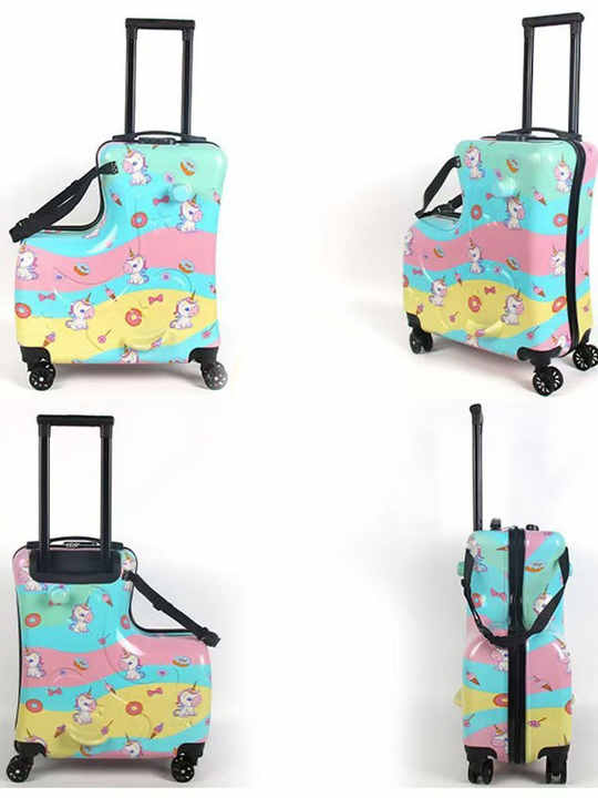Colorful Kids Ride-On Luggage  20-Inch Cartoon Travel Suitcase with Footrest, Durable Rolling Carry-On for Children