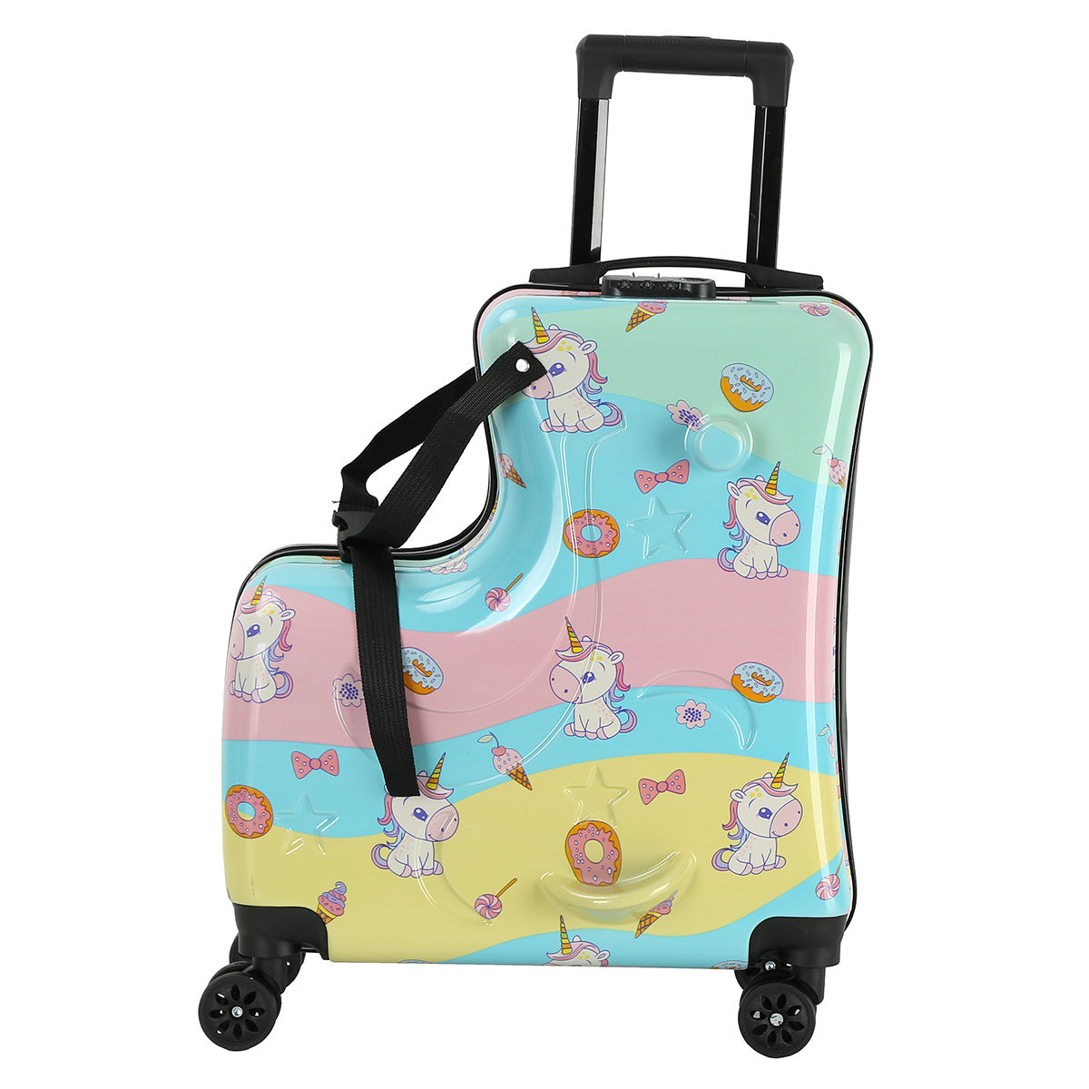 Colorful Kids Ride-On Luggage  20-Inch Cartoon Travel Suitcase with Footrest, Durable Rolling Carry-On for Children