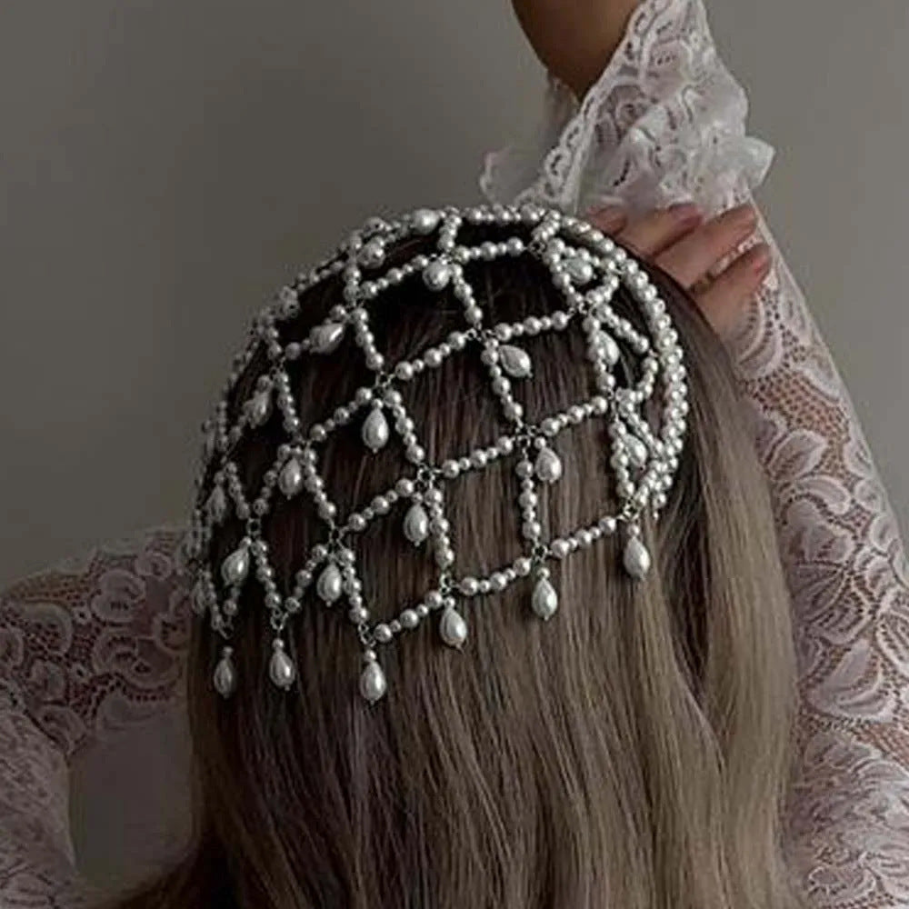 Silver Bohemian Pearl Net Headband â€“ Vintage Mesh Hair Accessory for Women | Elegant Faux Pearl Bridal Hairpiece