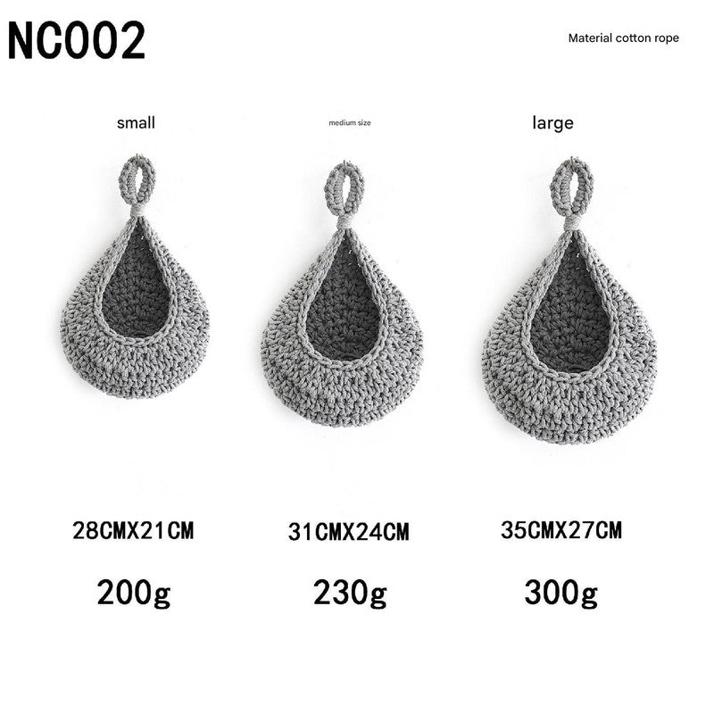 Grey 3-Piece Wall-Mounted Cotton Rope Storage Baskets  Large, Medium, and Small Hand-Woven Fruit/Vegetable/Storage Nets Large weight 300g, Medium weight 230g, Small weight 200g