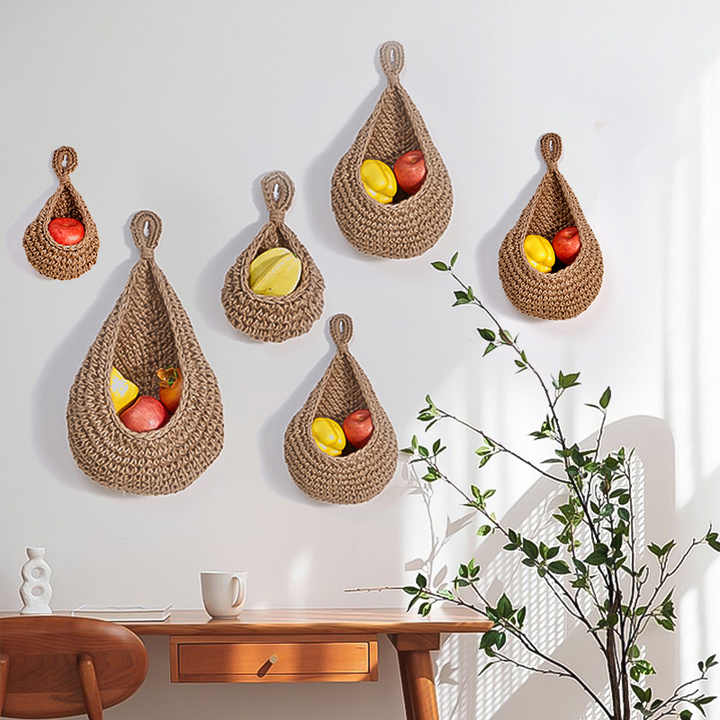 Khaki 3-Piece Wall-Mounted Cotton Rope Storage Baskets  Large, Medium, and Small Hand-Woven Fruit/Vegetable/Storage Nets Large weight 300g, Medium weight 230g, Small weight 200g