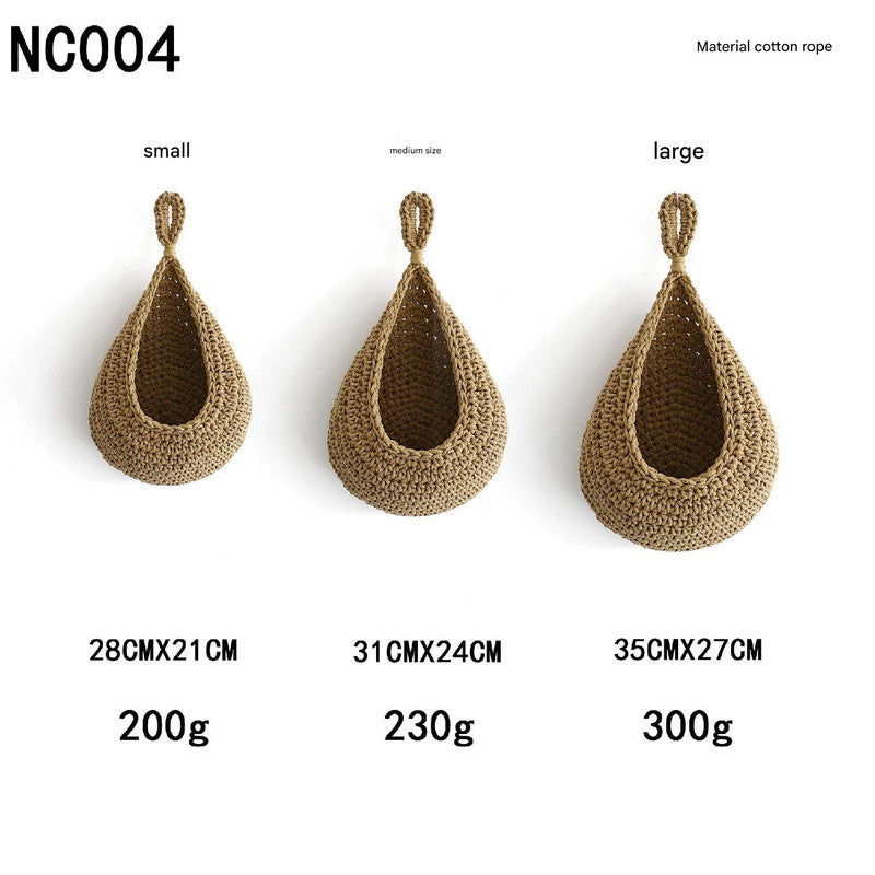Khaki 3-Piece Wall-Mounted Cotton Rope Storage Baskets  Large, Medium, and Small Hand-Woven Fruit/Vegetable/Storage Nets Large weight 300g, Medium weight 230g, Small weight 200g