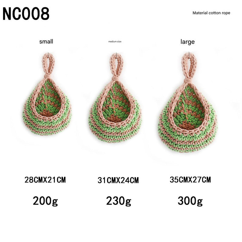 Green And Pink 3-Piece Wall-Mounted Cotton Rope Storage Baskets  Large, Medium, and Small Hand-Woven Fruit/Vegetable/Storage Nets Large weight 300g, Medium weight 230g, Small weight 200g
