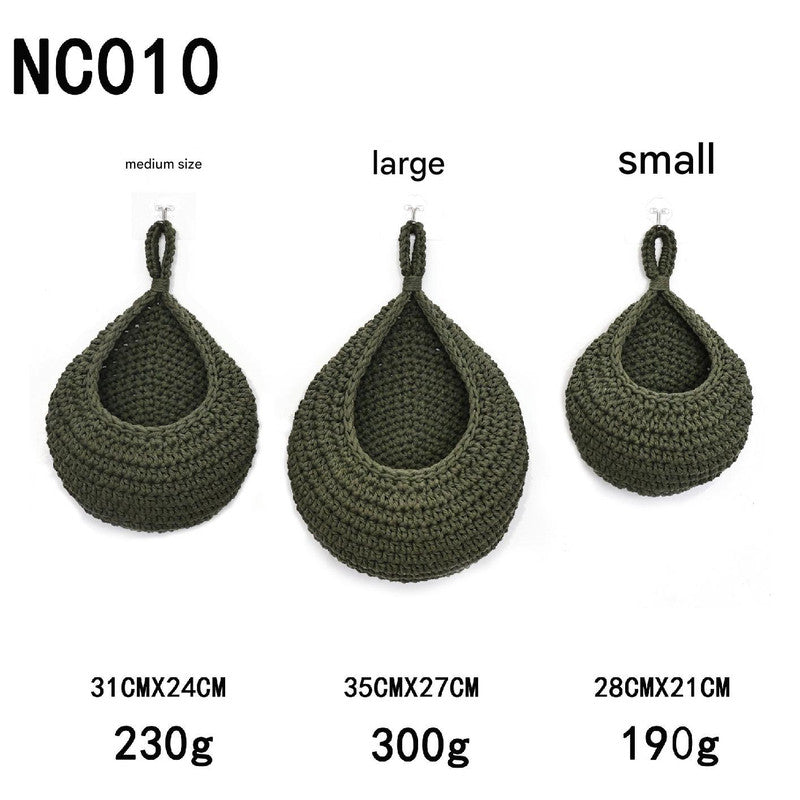 Green 3-Piece Wall-Mounted Cotton Rope Storage Baskets  Large, Medium, and Small Hand-Woven Fruit/Vegetable/Storage Nets Large weight 300g, Medium weight 230g, Small weight 200g
