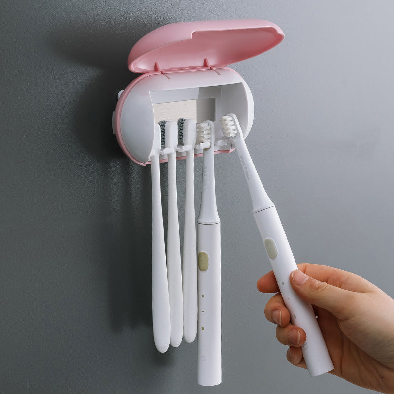 Pink Wall-Mounted Toothbrush Sterilizer with UV-C Disinfection and Drying - USB Rechargeable, Family 5-Brush Holder, ABS Material