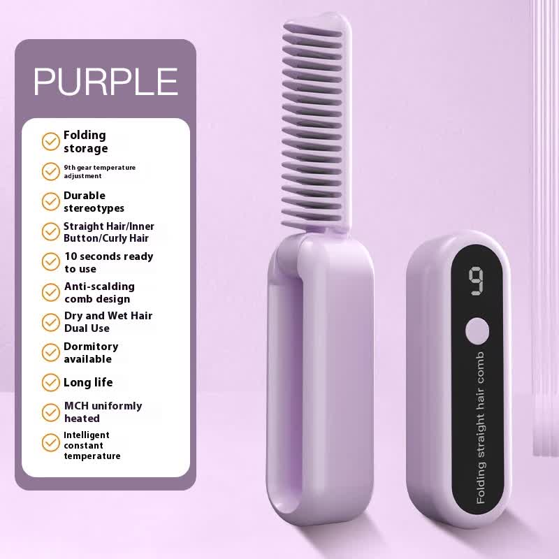 Purple Portable foldable cordless hair straightener with ionic technology, compact travel design, and quick and easy USB charging