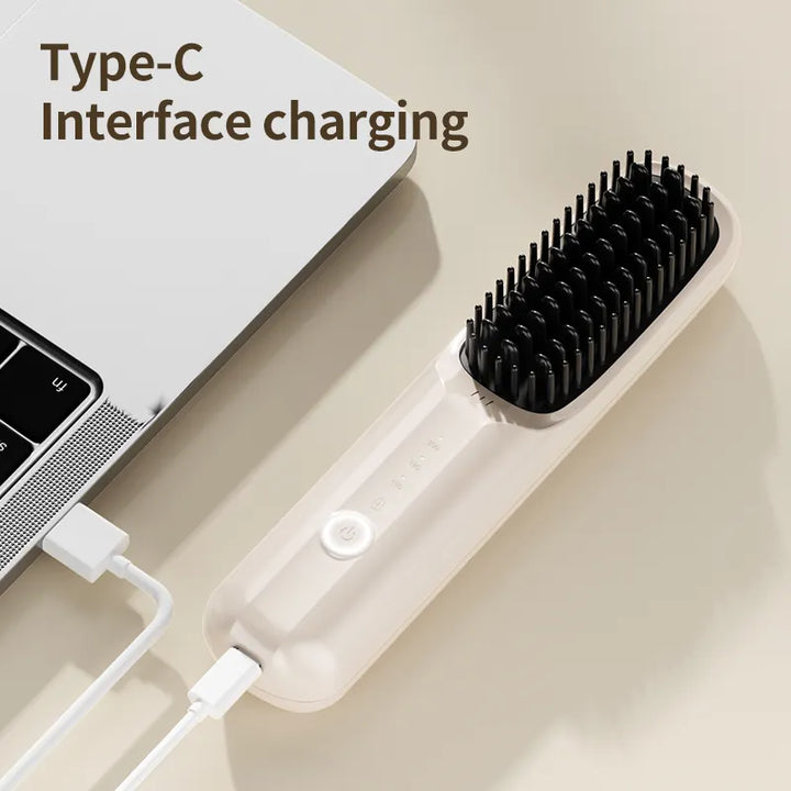 Black Wireless Hair Straightening Brush - Portable 2-in-1 Styling Tool with USB Charging, Ceramic Heat Technology, and Compact Design