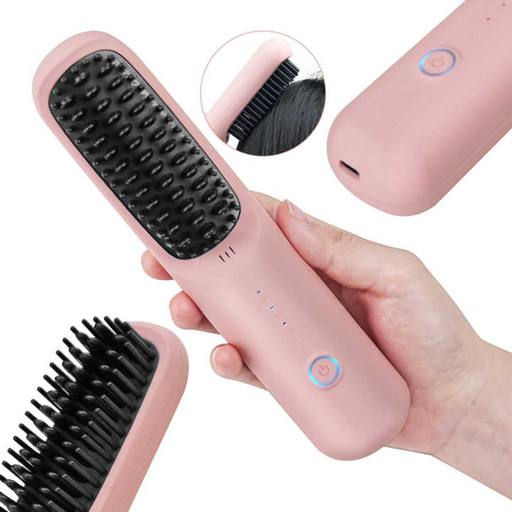 Pink Wireless Hair Straightening Brush - Portable 2-in-1 Styling Tool with USB Charging, Ceramic Heat Technology, and Compact Design