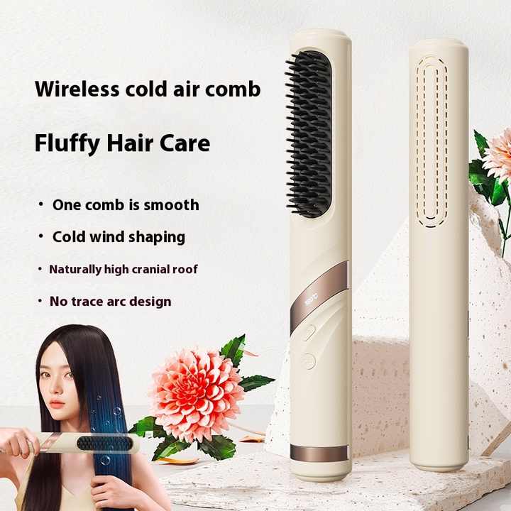 Yellow Portable USB Rechargeable Cold Wind Ionic Hair Straightening Brush, Multi-Functional Hair Straightener and Curler, Lightweight and Travel-Friendly