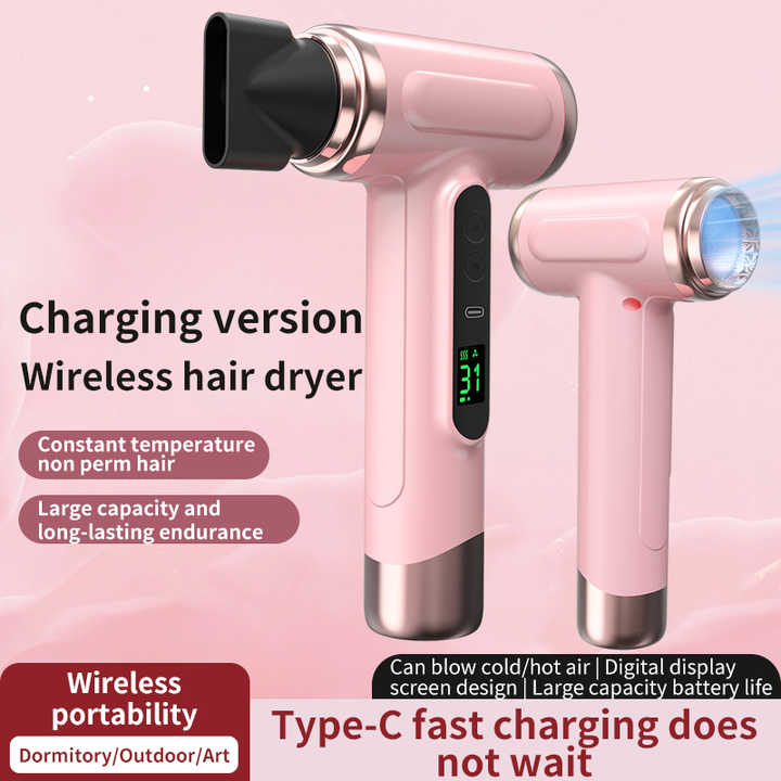 White Wireless Hair Dryer with Cold & Hot Air, Portable Large-Capacity Rechargeable Ionic Dryer, Fast-Drying, Lightweight and Compact for Home and Travel