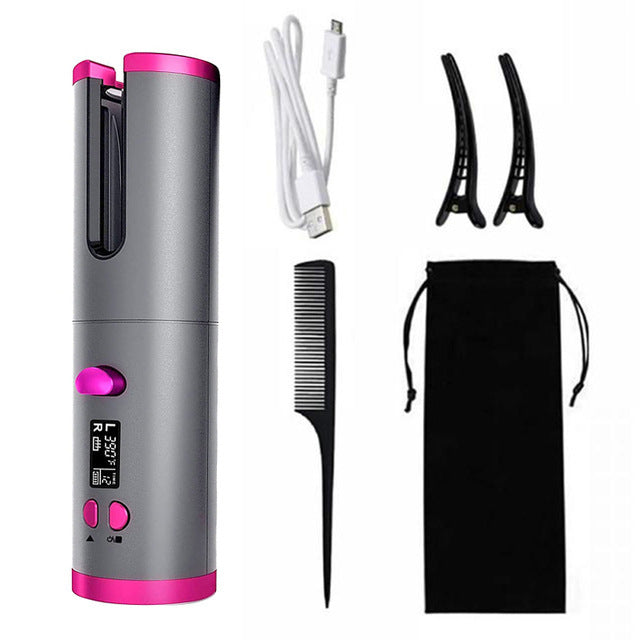 Grey And Pink Automatic Hair Curler - USB Rechargeable, Safe and Portable Curling Iron for Quick Styling, Anti-Scald Design, Compact and Lightweight