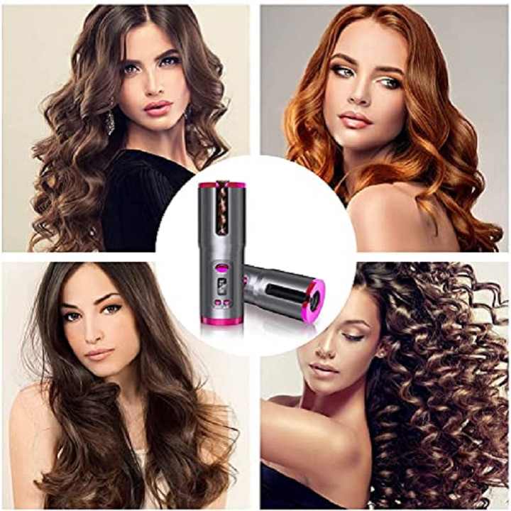 Grey And Pink Automatic Hair Curler - USB Rechargeable, Safe and Portable Curling Iron for Quick Styling, Anti-Scald Design, Compact and Lightweight